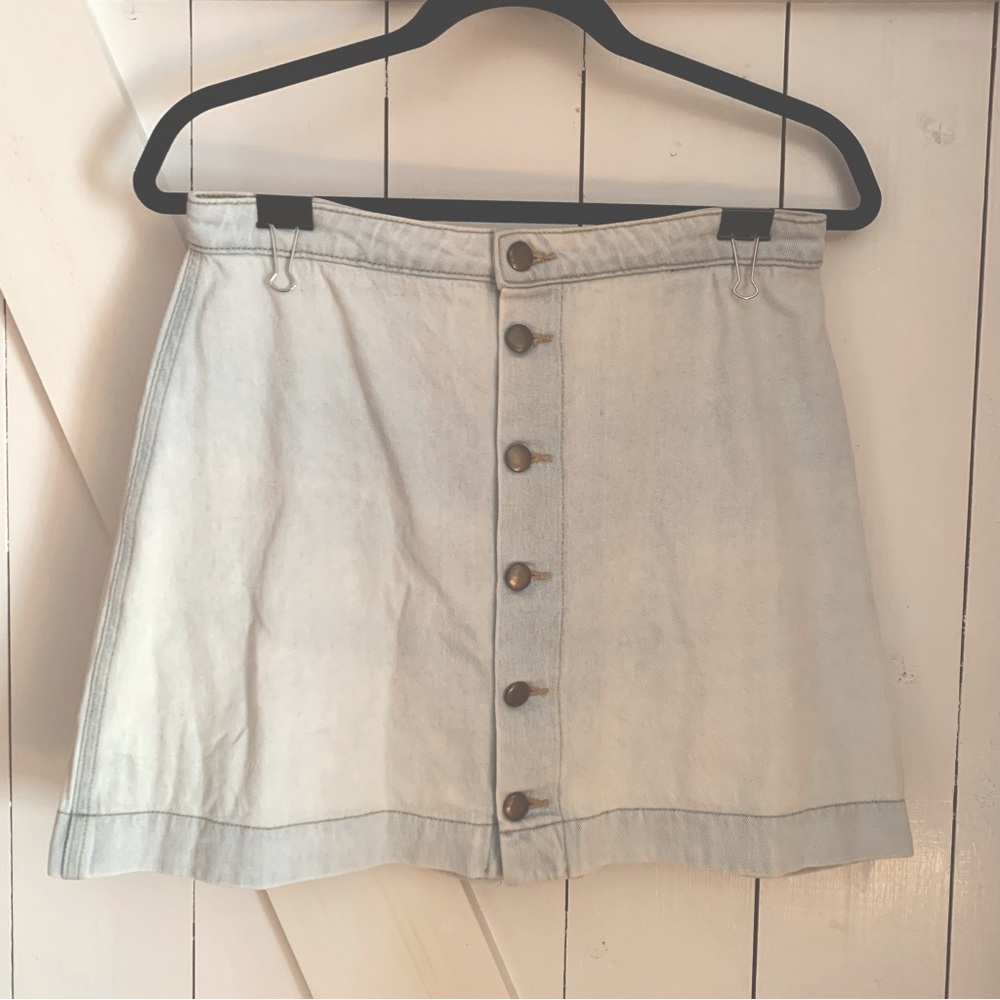Denim Mini Skirt 100% Cotton Light Wash Blue Jean Skirt Button Up Fit and Flare